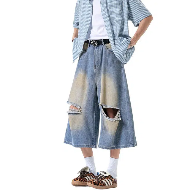 佐菲利 美式潮牌痞帅破洞水洗七分夏季直筒宽松阔腿裤子牛仔短裤 男女同款