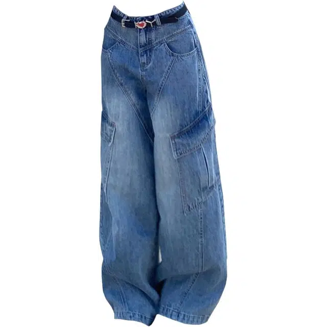 拾籍 美式高街时尚辣妹大口袋设计阔腿工装裤休闲直筒高腰显高牛仔裤 女款