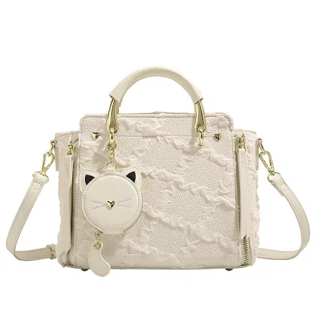 恒源祥 时尚褶皱纯色设计 超纤合成革 单肩斜挎手提包 女款 米白色