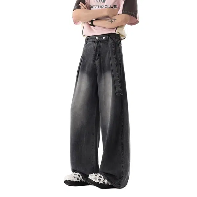 佐菲利 美式自带腰带阔腿弯刀裤子高级感美式复古腰带设计感飘带直筒牛仔裤 男女同款