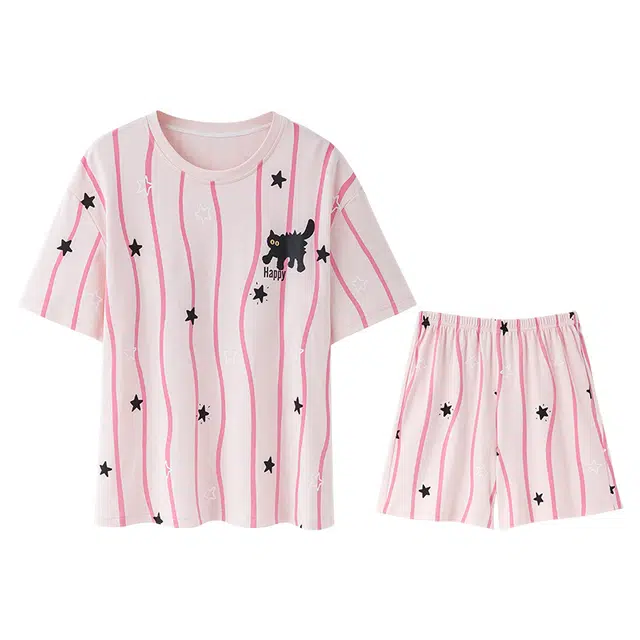 向薇 带胸垫一体短袖短裤薄款可爱圆领条纹家居服夏季睡衣套装 女款