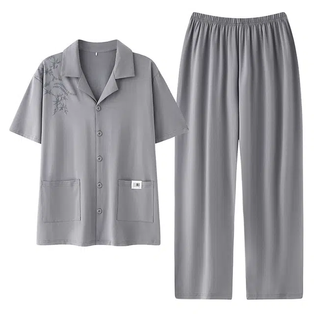 顶瓜瓜 透气凉感简约短袖长裤翻领夏款睡衣套装 男款