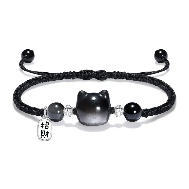 【普陀山官方已过香】 普陀山文创 前程似锦本命佛珠旺事业学业新中式招财猫聚财纳福潮流编织绳#好运 黑曜石 玉石手绳 男女同款情侣款