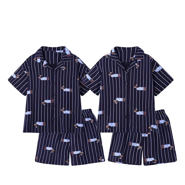 俏韵 翻领高级感条纹腊肠小狗纯棉薄款短袖三分裤家居服可外穿睡衣套装 男女同款