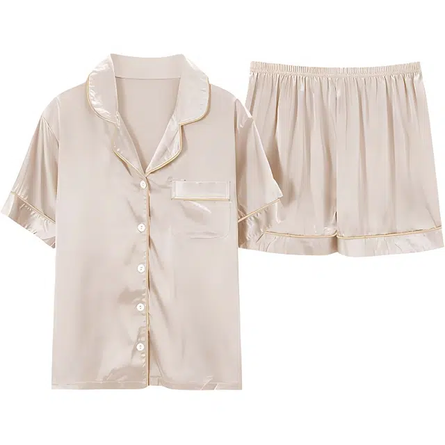 兰缪 时尚纯色轻薄透气凉感高弹舒适柔软可外穿开衫翻领短袖三分裤夏季睡衣套装 女款