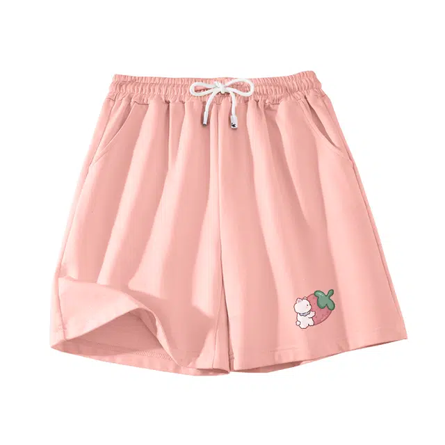 棉致 草莓小熊简约纯色系带弹性舒适吸湿透气纯棉宽松基础通勤时尚五分休闲短裤 男女同款