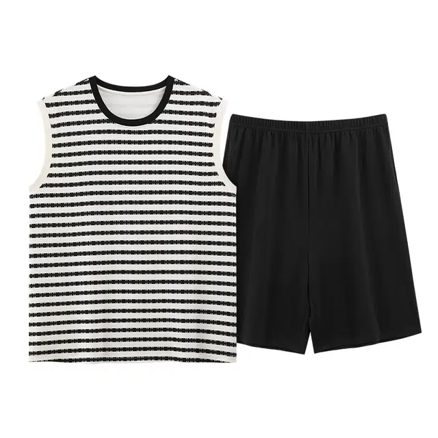 睦隆世家 纯棉背心短裤薄款无袖高级感条纹加大码休闲家居服夏季睡衣套装 男款