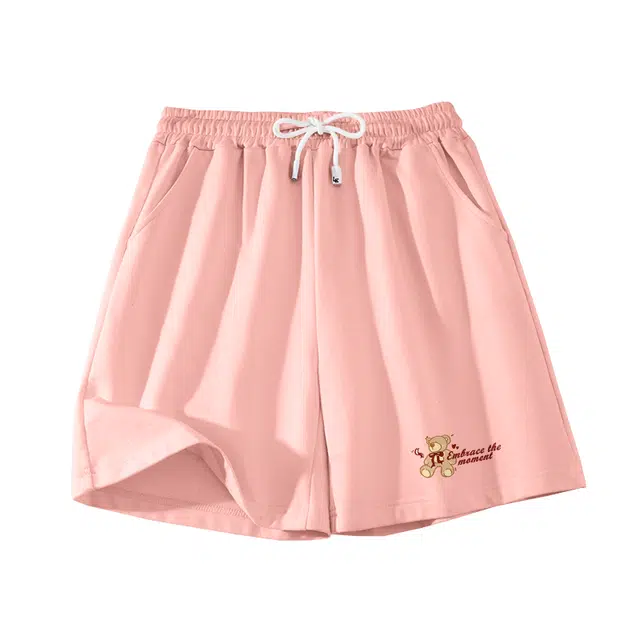 棉致 玩偶小熊简约纯色系带弹性舒适吸湿透气纯棉宽松基础通勤时尚五分休闲短裤 男女同款