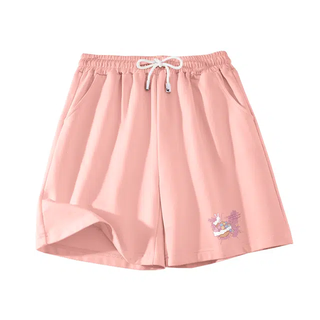 棉致 小兔蝴蝶简约纯色系带弹性舒适吸湿透气纯棉宽松基础通勤时尚五分休闲短裤 男女同款