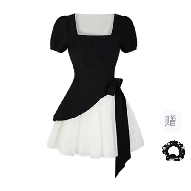 雾闪闪 法式温柔风撞色褶皱系带设计感收腰显瘦气质短袖连衣裙 女款