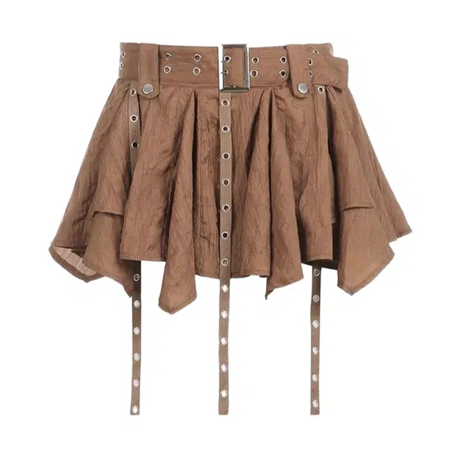 怪力萝莉 废土风复古美拉德不规则裙摆腰带辣妹百褶半身裙子休闲短裙 女款