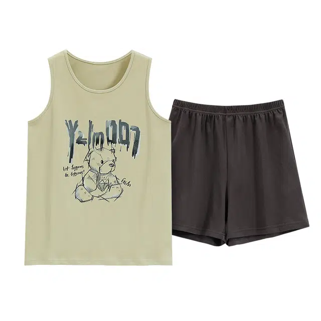 顶瓜瓜 无袖背心短裤圆领套头纯色卡通小熊休闲两件套家居服夏季睡衣套装 男女同款