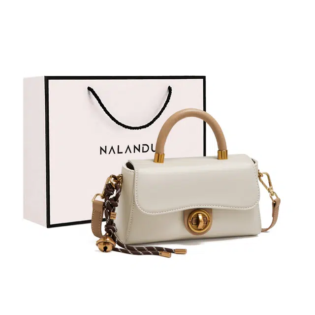 纳兰杜 时尚通勤百搭优雅简约小众洋气 牛皮 单肩斜挎手提包 小号 女款 米白拼杏色/子夜黑