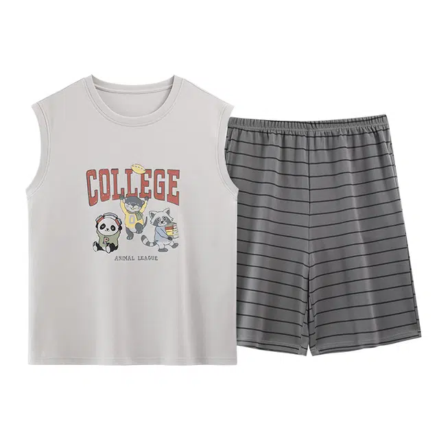 睦隆世家 背心短裤薄款无袖高级感条纹加大码舒适休闲家居服睡衣套装 男款