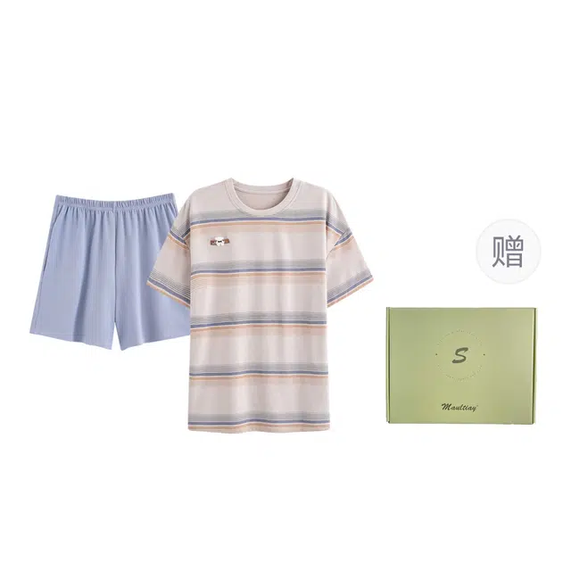 乐姿韵 大码宽松休闲纯棉薄款高级感条纹短袖短裤家居服睡衣礼盒 男款