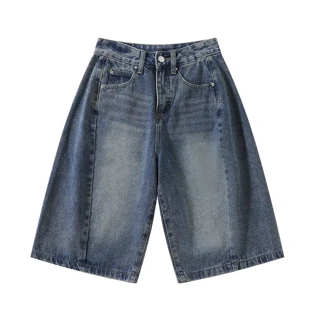 拾籍 美式高街复古高腰宽松显瘦阔腿裤夏季百搭舒适休闲五分裤牛仔短裤 女款