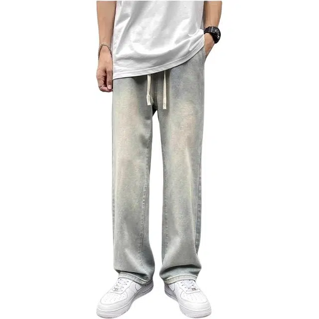 华夏儿女 美式潮流高街长裤薄款宽松直筒潮牌百搭抽绳牛仔裤 男女同款