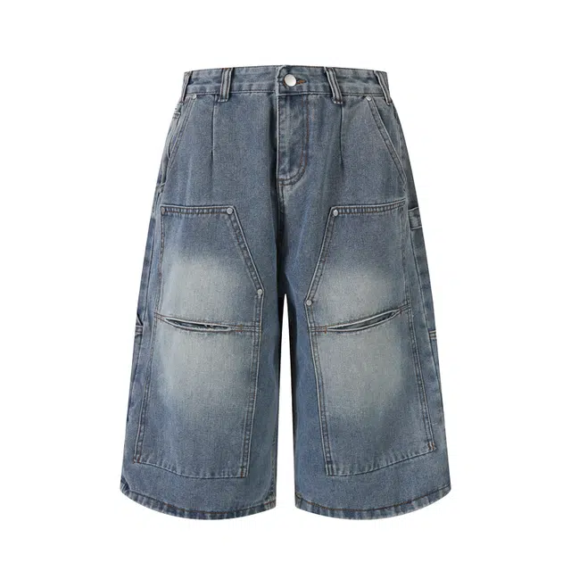 欧路得 小众设计感拼接口袋工装男夏宽松休闲七分裤子牛仔短裤 男款