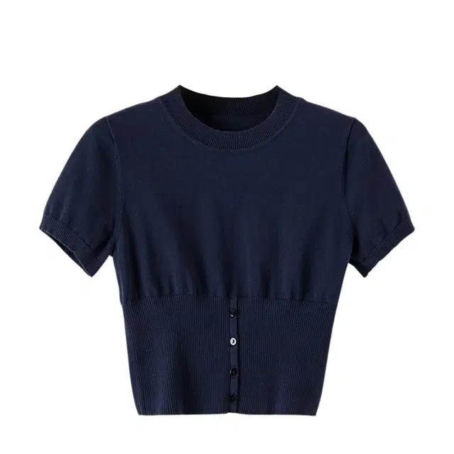 晚白 衣摆开叉设计高弹力前排扣短袖针织衫 女款