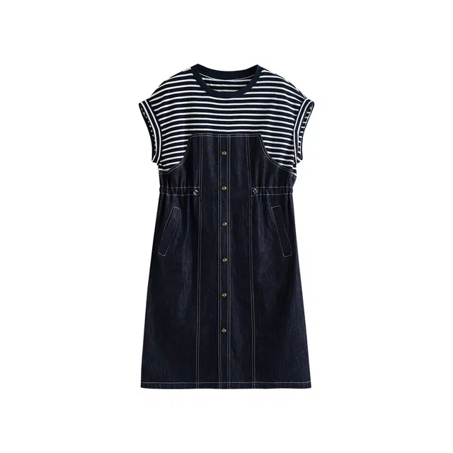 初语 拼接中长款宽松短袖连衣裙 女款