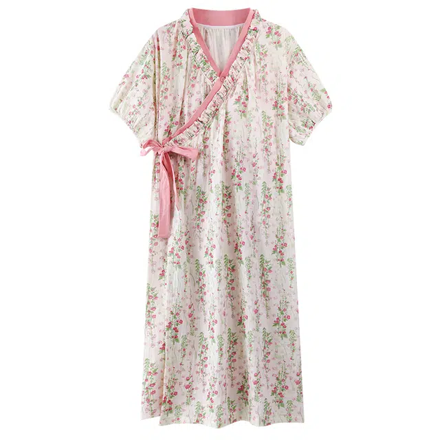 俏霓桐 甜美碎花优雅大方小清新田园风舒适透气带胸垫家居服可外穿短袖夏季睡裙 女款