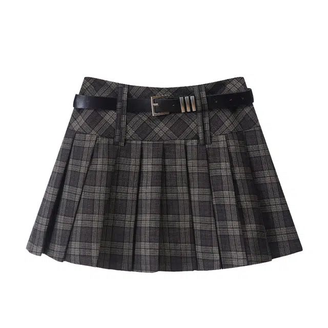 怪力萝莉 美式复古格纹半身裙学院风高腰百褶裙防走光休闲短裙 女款