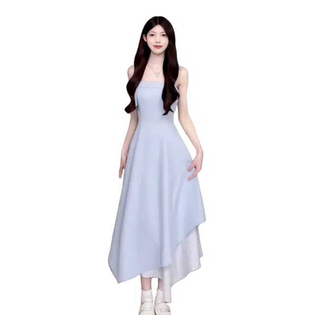 水中花 法式气质拼接设计长裙时尚收腰优雅百搭不规则吊带连衣裙 女款