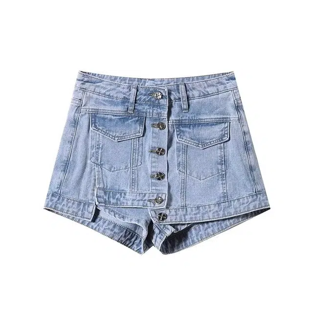 木清清 复古 高腰 阔腿 排扣 开衩裤 显瘦  简约 户外休闲 纯色牛仔短裤 女款