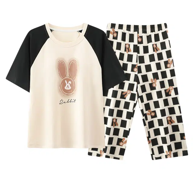 好福份 时尚简约透气短袖上衣家居服七分裤夏季睡衣套装 女款