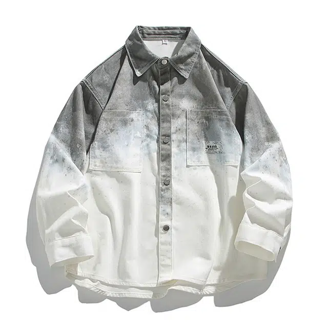 颂希尔 美式扎染渐变长袖牛仔夹克外套夏季宽松休闲潮流百搭高街痞帅衬衫 男女同款