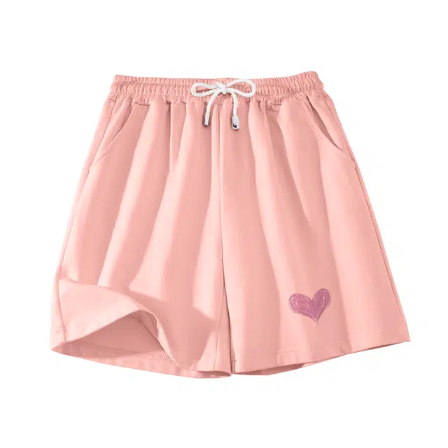 棉致 爱心涂鸦简约纯色系带弹性舒适吸湿透气纯棉宽松基础通勤时尚五分休闲短裤 男女同款