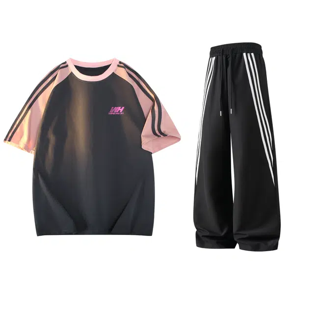 吾皇猫 学院风美式复古基础款舒适透气简约条纹百搭印花宽松直筒短袖长裤两件装时尚条纹休闲运动套装 男女同款