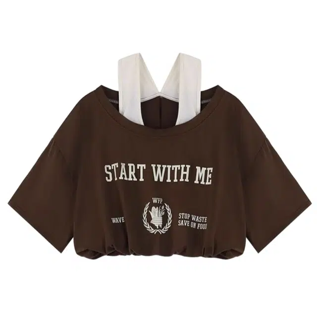 怪力萝莉 美式复古设计感小众假两件短款短袖截短上衣 女款