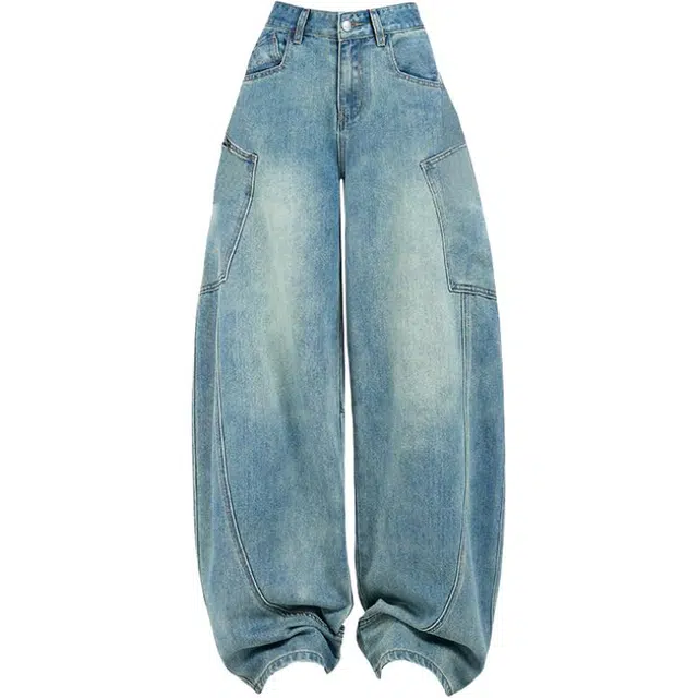 拾籍 美式休闲弯刀大口袋设计高腰阔腿裤宽松显瘦显腿长冰爽透气牛仔裤 女款