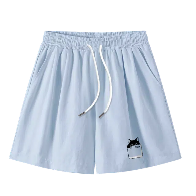 棉致 口袋猫简约纯色系带滑爽轻薄冰丝凉感学院风细腻柔软肌理感宽松五分休闲短裤 男女同款