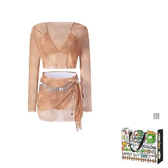 欧若珂 废土风比基尼四件套圆领扎染高级温泉拍照海边度假泳衣套装 女款