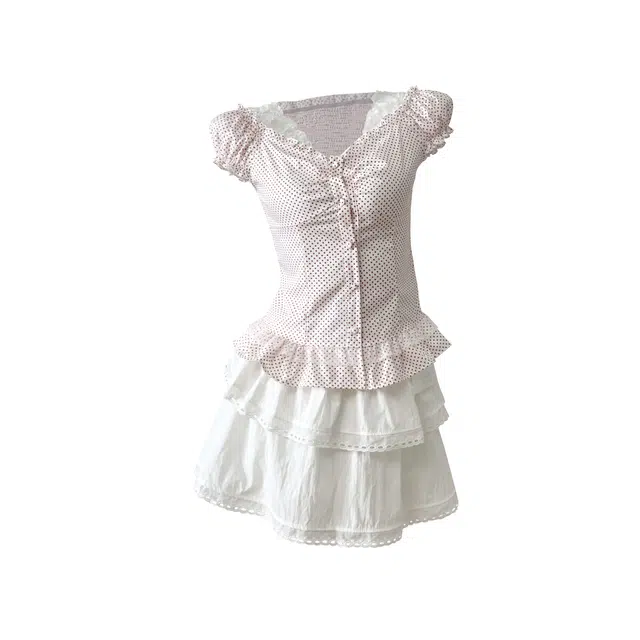 敲模女孩 法式甜美风荷叶边泡泡短袖收腰上衣高腰薄款休闲短裙裙装套装 女款