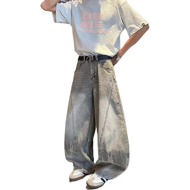 颂希尔 泼墨水洗弯刀裤潮牌美式高街宽松直筒显瘦阔腿裤牛仔裤 男女同款
