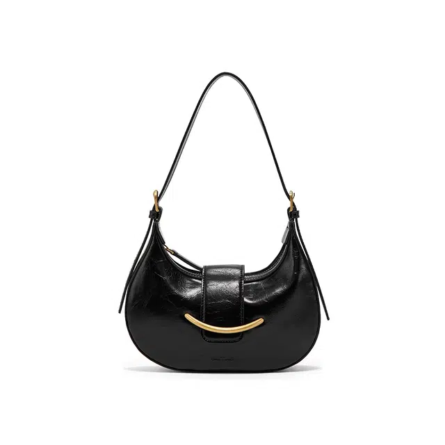 西木汀 心绪 高级感月牙形韩系慵懒风 牛皮 斜挎腋下单肩包 小号 女款 米白色/深邃黑/玫粉色