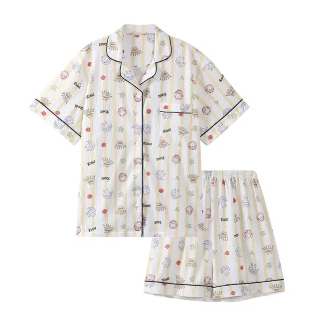 俏霓桐 薄款甜美可爱卡通休闲小清新简约透气舒适家居服可外穿夏季睡衣套装 女款