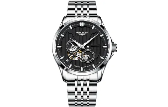 冠琴 超级玩家系列 自动机械机芯 精钢表带 国表 男表 黑色表盘 夜光防水品质腕表镂空飞轮高颜值双时男士手表