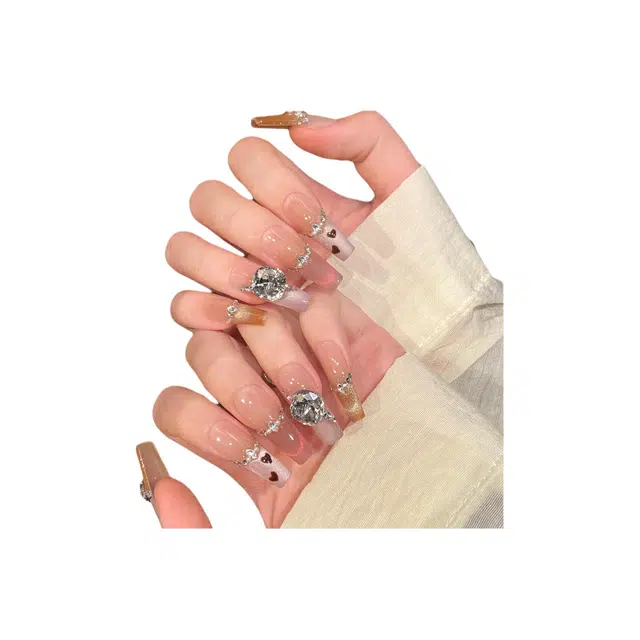 芮锦 草莓甜心瓷温柔气质爆闪钻纯手工  穿戴甲 中长款亮色渐变