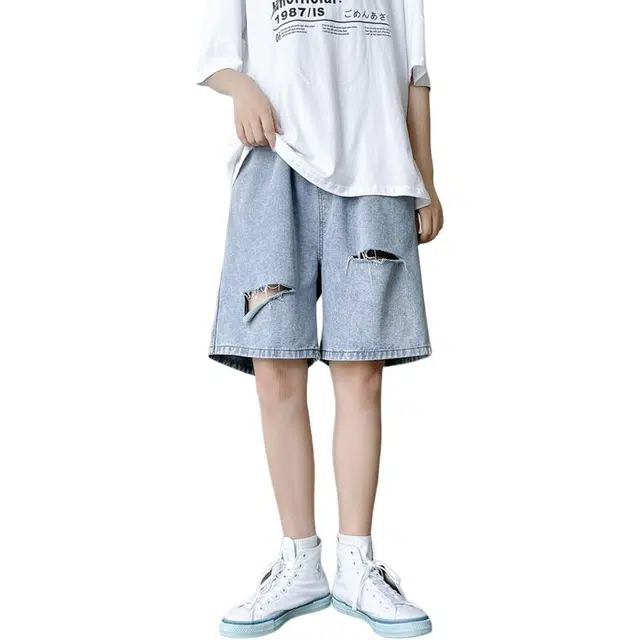 法文箱子 小众设计美式高街男士夏季薄款外穿破洞五分裤男宽松痞帅潮流百搭牛仔短裤 男款