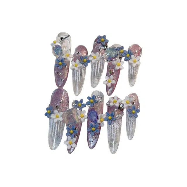 未来枫情 冰透裸色法式珍珠星辰花  穿戴甲 长款紫色晕染 纯色