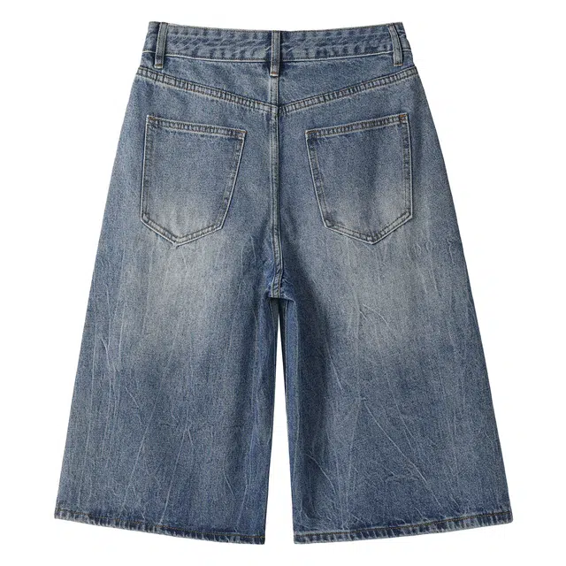 普鲁士多特蒙德 美式高街复古潮流时尚闪电做旧水洗高级感透气宽松百搭舒适纯色七分牛仔短裤 男女同款