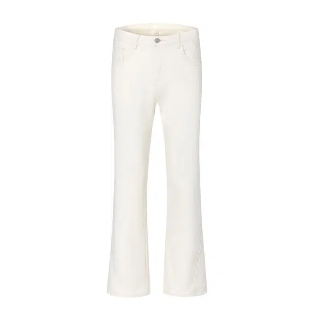 潮人榜 美式高街纯色极简中腰拼接线条三角剪裁设计休闲微喇垂感透气复古水洗做旧弹力牛仔裤 男女同款