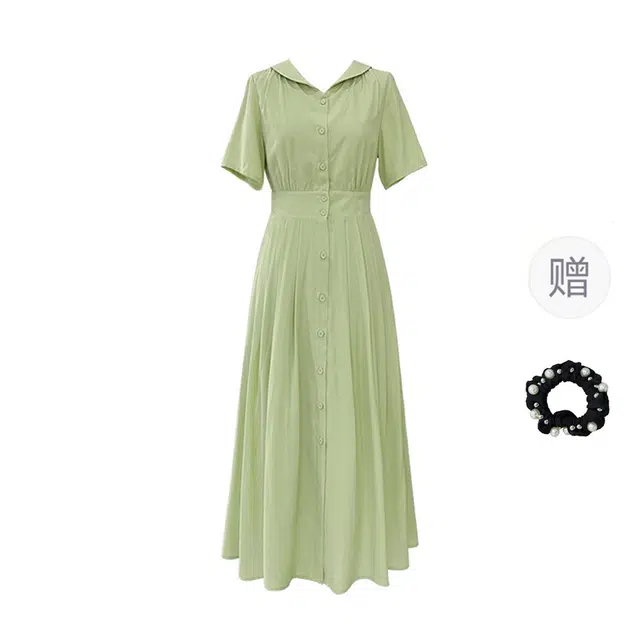雾闪闪 法式气质度假风纯色简约舒适中长款短袖连衣裙 女款