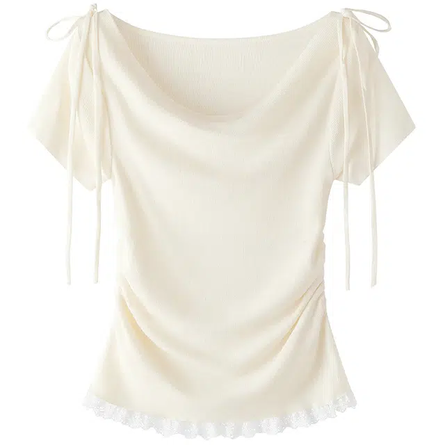 丝柏舍 蝴蝶结系带蕾丝拼接修身短款气质一字领短袖针织衫 女款