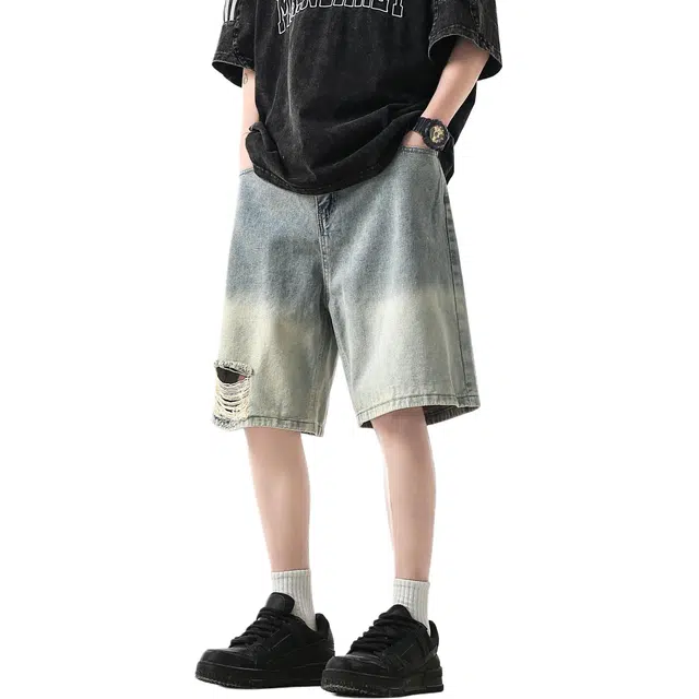 八哥 夏季复古水洗基础款美式高街风痞帅渐变破洞时尚百搭宽松五分裤舒适透气休闲牛仔短裤 男女同款