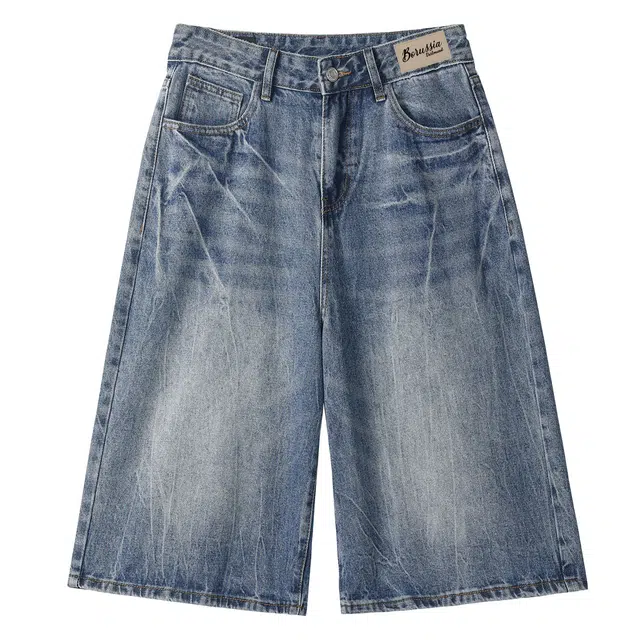 普鲁士多特蒙德 美式高街复古潮流时尚闪电做旧水洗高级感透气宽松百搭舒适纯色七分牛仔短裤 男女同款